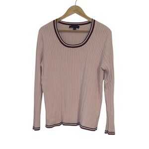 Tommy Hilfiger Pink Cable Knit Sweater with Striped Trim, Large